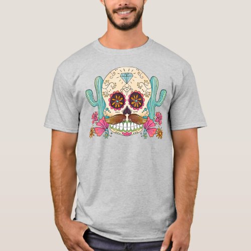 Watercolor Dia de los Muertos Skull  Cactus T_Shirt