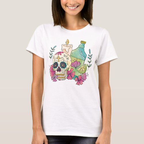 Watercolor Dia de los Muertos Skull Candle Drink T_Shirt