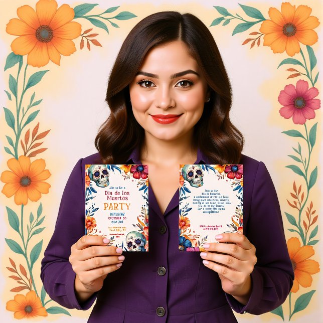 💀 Watercolor Día de Muertos Party Invitation (Watercolor Día de Muertos Party Invitation, customizable on both sides. printed or digital)