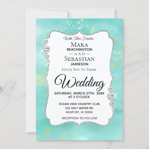 *~* Watercolor Diamond Aqua Glitter  Wedding Invitation
