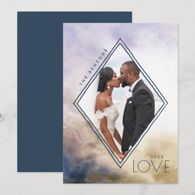 Watercolor Diamond Love Blue Gold Agate Holiday Card (Front/Back)
