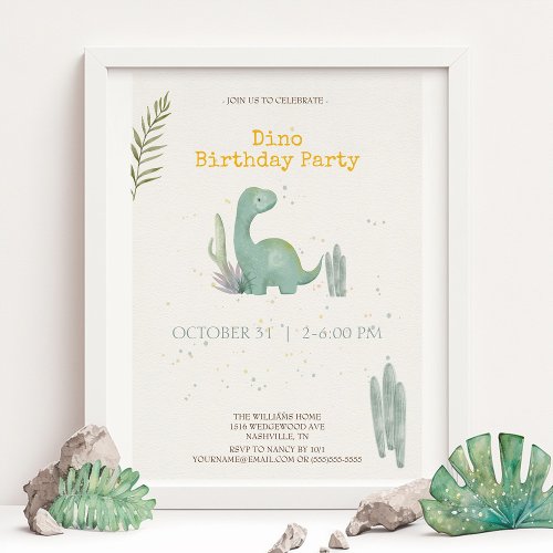 Watercolor Dino Birthday Party Invitation