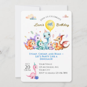 Watercolor Dino Birthday Party Invitation