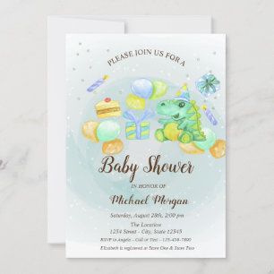 Watercolor Dino,Cake,Presents Invitation