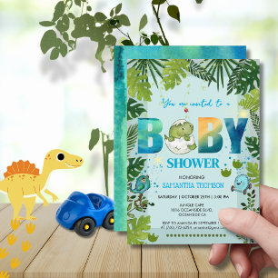 Watercolor Dino & Tropical Leaves Baby Shower Invitation