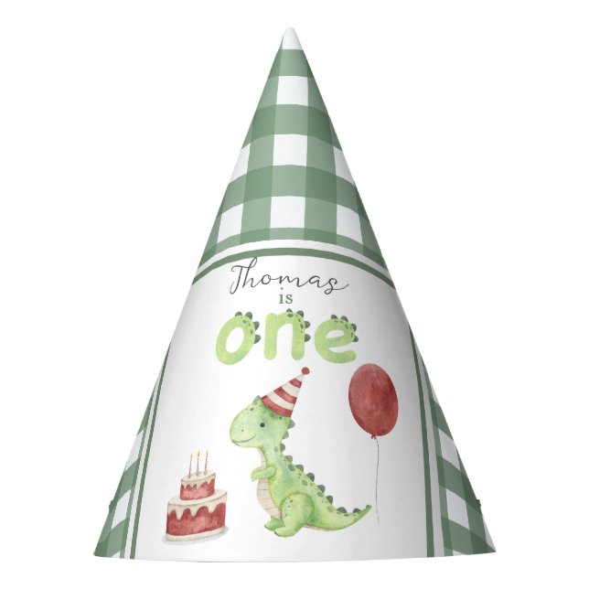Watercolor Dinosaur 1st birthday Party Hat (Front)