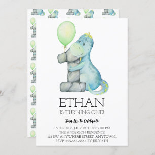 Watercolor Dinosaur 1st Birthday Party Invitation