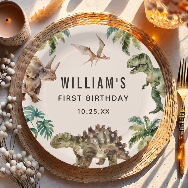 Watercolor Dinosaur 1st Birthday Party Paper Plates (Creator Uploaded)