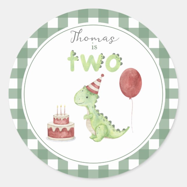 Watercolor Dinosaur 2nd birthday Classic Round Sticker (Front)