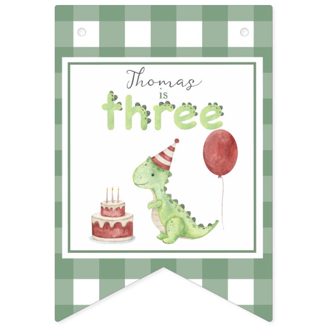 Watercolor Dinosaur 3 Three rex birthday Bunting Flags (First Flag)