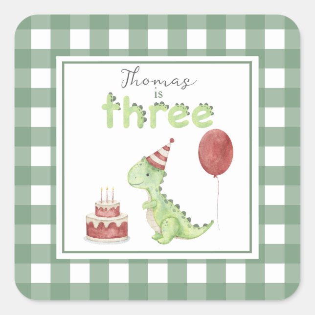 Watercolor Dinosaur 3rd birthday Square Sticker (Front)