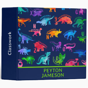 Watercolor Dinosaur Alphabet Colorful Dino Kids 3 Ring Binder