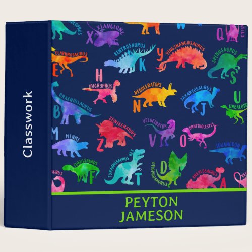 Watercolor Dinosaur Alphabet Colorful Dino Kids 3 Ring Binder