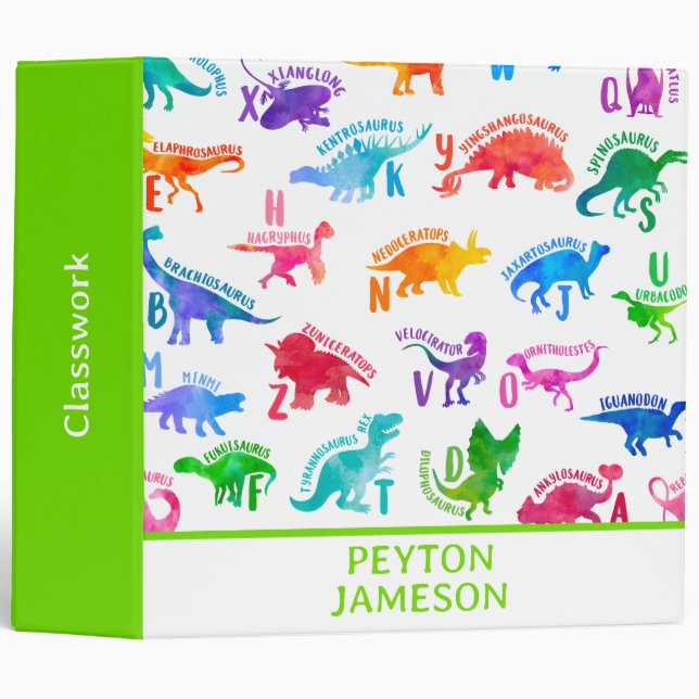 Watercolor Dinosaur Alphabet Colorful Dino Kids 3 Ring Binder (Front/Spine)