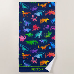 Watercolor Dinosaur Alphabet Colorful Dino Kids Beach Towel