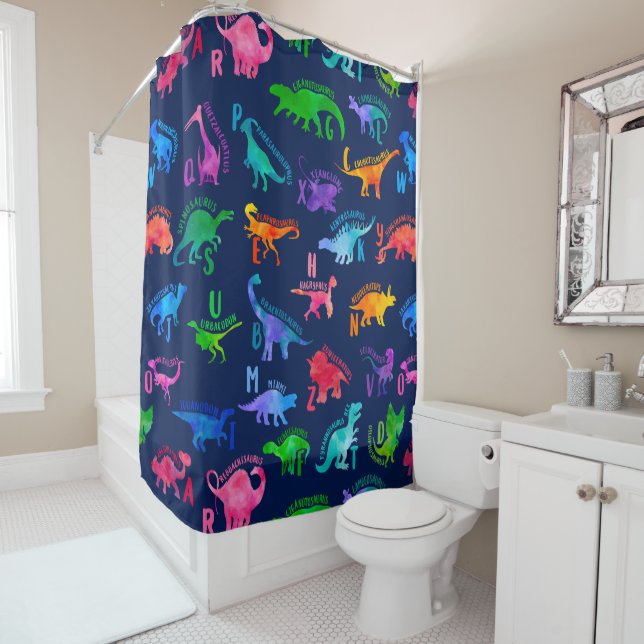 Watercolor Dinosaur Alphabet Colorful Dino Kids Shower Curtain (In Situ)