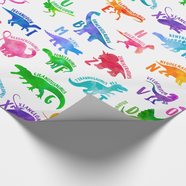 Watercolor Dinosaur Alphabet Colorful Dino Kids Wrapping Paper (Corner)