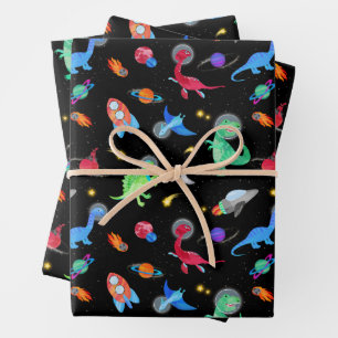 Watercolor Dinosaur Astronauts In Space Birthday Wrapping Paper Sheets