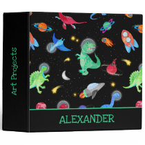 Watercolor Dinosaur Astronauts In Space Black 3 Ring Binder