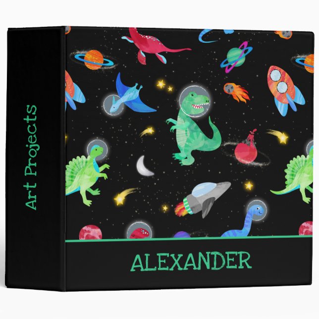 Watercolor Dinosaur Astronauts In Space Black 3 Ring Binder (Front/Spine)