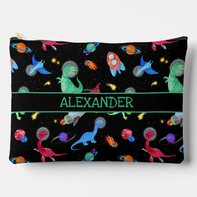 Watercolor Dinosaur Astronauts In Space Black Accessory Pouch (Front)