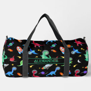 Watercolor Dinosaur Astronauts In Space Black Duffle Bag