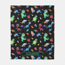 Watercolor Dinosaur Astronauts In Space Black Fleece Blanket