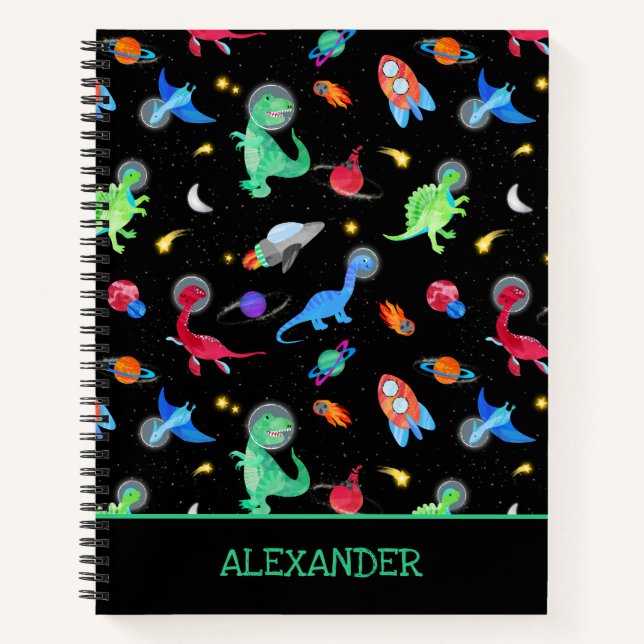 Watercolor Dinosaur Astronauts In Space Black Notebook (Front)