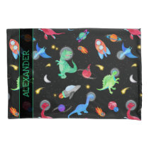 Watercolor Dinosaur Astronauts In Space Black Pillow Case