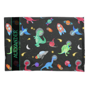 Watercolor Dinosaur Astronauts In Space Black Pillow Case