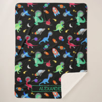 Watercolor Dinosaur Astronauts In Space Black Sherpa Blanket