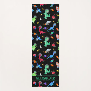 Watercolor Dinosaur Astronauts In Space Black Yoga Mat