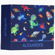 Watercolor Dinosaur Astronauts In Space Blue 3 Ring Binder