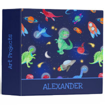 Watercolor Dinosaur Astronauts In Space Blue 3 Ring Binder