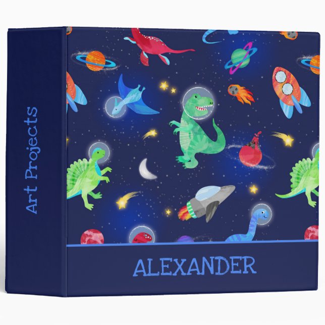 Watercolor Dinosaur Astronauts In Space Blue 3 Ring Binder (Front/Spine)