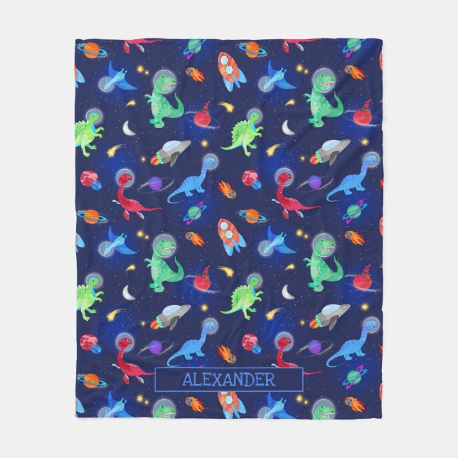 Watercolor Dinosaur Astronauts In Space Blue Fleece Blanket (Front)