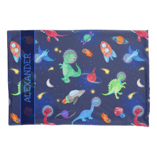 Watercolor Dinosaur Astronauts In Space Blue Pillow Case