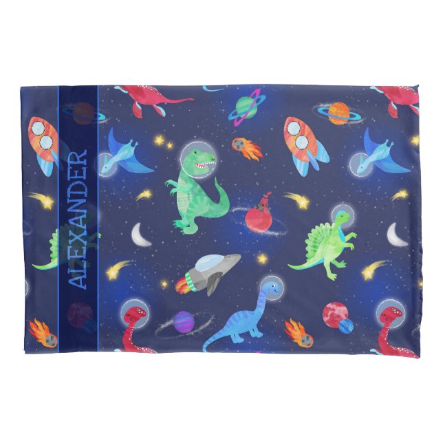 Watercolor Dinosaur Astronauts In Space Blue Pillow Case (Front)