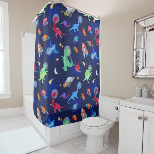 Watercolor Dinosaur Astronauts In Space Blue Shower Curtain (In Situ)