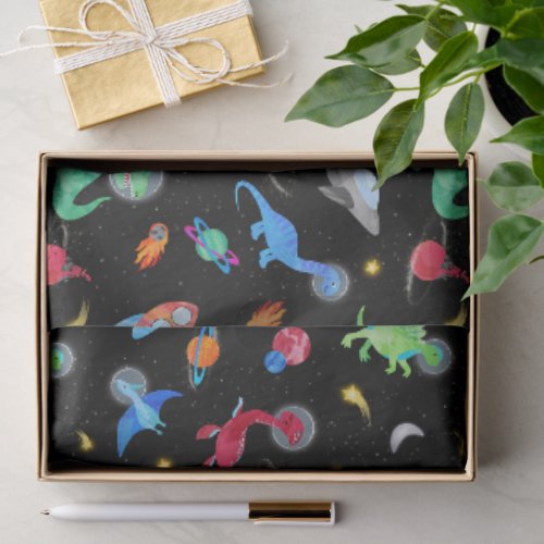 Watercolor Dinosaur Astronauts In Space Blue Tissue Paper