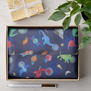 Watercolor Dinosaur Astronauts In Space Blue Tissue Paper