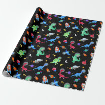 Watercolor Dinosaur Astronauts In Space Blue Wrapping Paper
