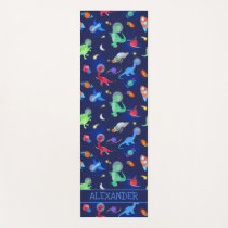 Watercolor Dinosaur Astronauts In Space Blue Yoga Mat