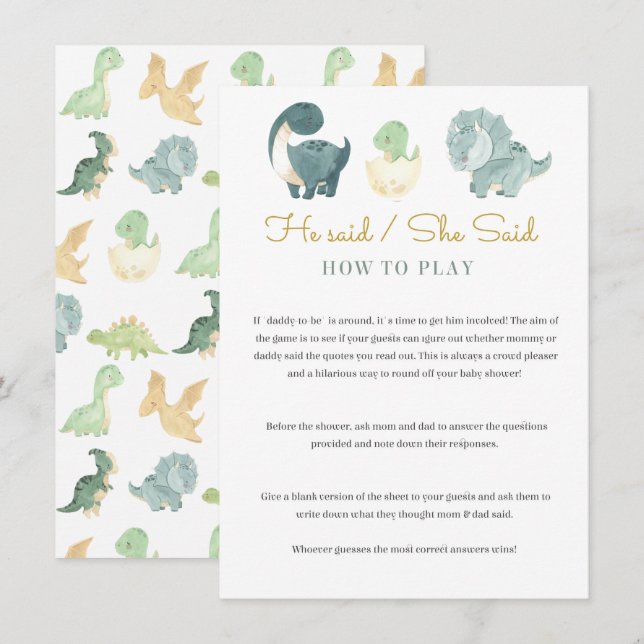 Watercolor Dinosaur Baby Shower Game Enclosure Card (Front/Back)