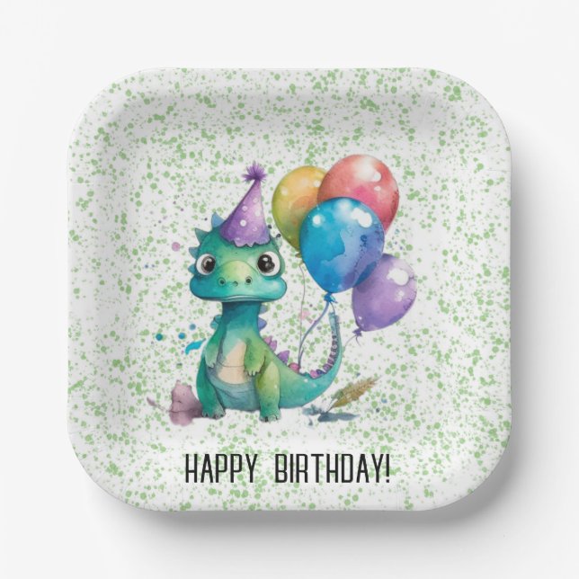 Watercolor Dinosaur Balloons Boy Birthday Party Paper Plates (Front)