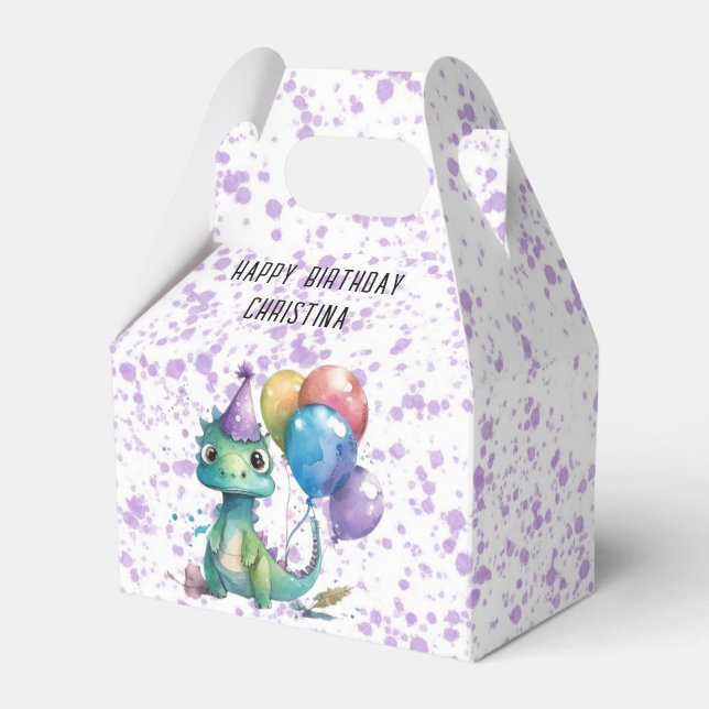 Watercolor Dinosaur Balloons Girl Birthday Party Favor Boxes (Front Side)