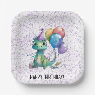 Watercolor Dinosaur Balloons Girl Birthday Party Paper Plates