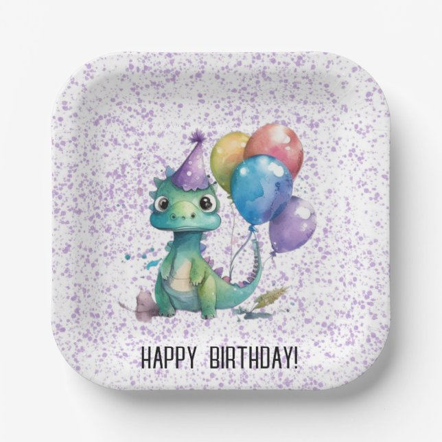 Watercolor Dinosaur Balloons Girl Birthday Party Paper Plates (Front)