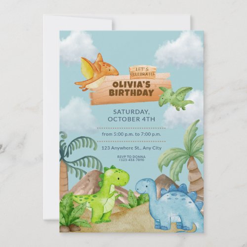 Watercolor Dinosaur Birthday Invitation