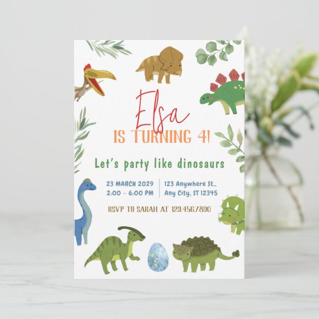 Watercolor Dinosaur Birthday Invitation Card  (Standing Front)